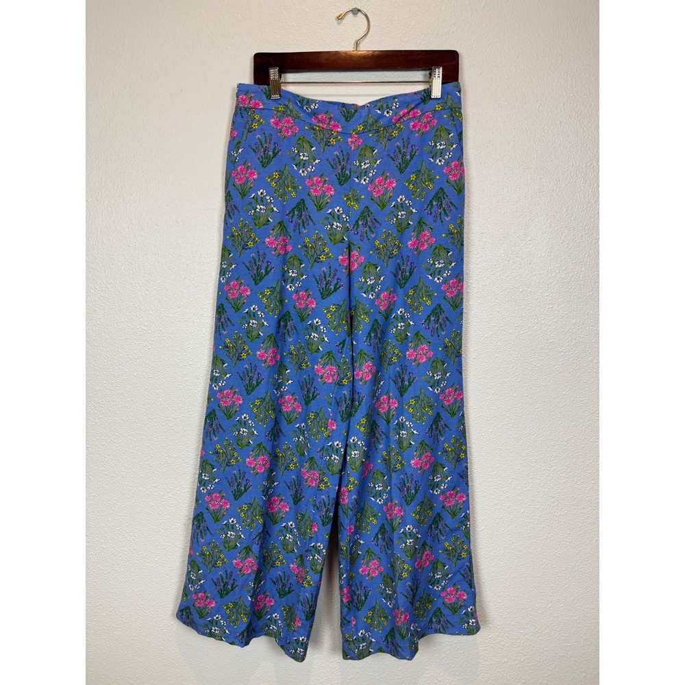 LOFT Pants Womens S Blue Floral Linen Blend Wide Leg High Rise Trousers